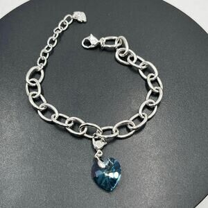 Swarovski Signed Heart Bracelet Birthstone Blue Aquamarine Heart‎ Something Blue